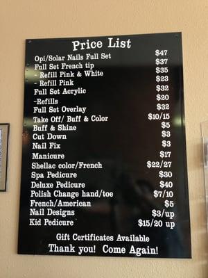 Price List - Please call for more information.