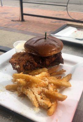 Chicken sandwich and truffle Parmesan fries