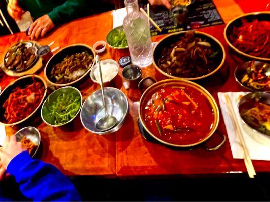 Spicy pork and beef bulgogi, galbi(beef short ribs), and kimchi jigae