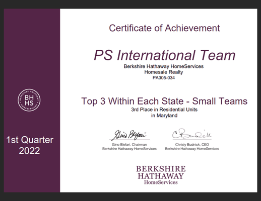 We are proud to announce that PS International Team has been named one of the top 3 small teams in the state of Maryland!