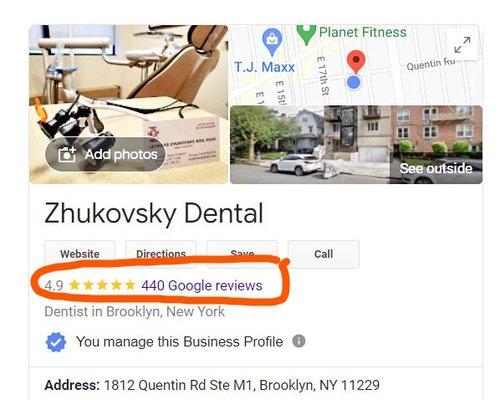 We got 440 Google reviews. 4.9 average! 422  Thank you, All! We are happy to keep you smiling DrZ and staff