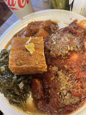 Meat loaf, greens, candied yams, jalapeño corn bread.