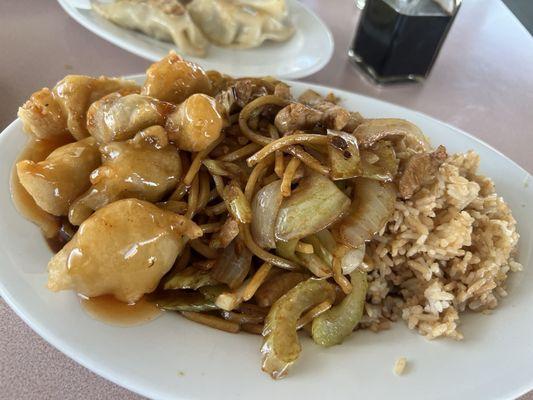 Rice, pork chow mein and sweet-and-sour pork