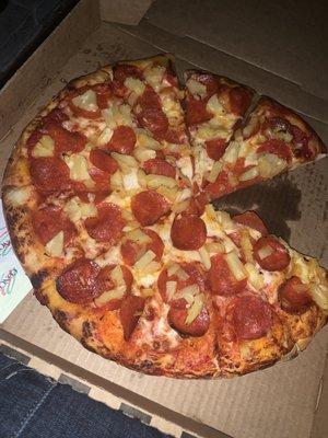 Large Pepperoni and pineapple -$14 delicious, fresh and inexpensive