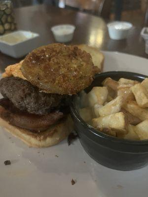 Burger. It has pimento cheese on it. Home fries go the right.