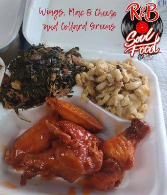 Hot wings, Collards, Mac & Cheese