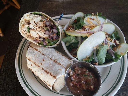 Chicken fajita wrap with black beans and mixed greens.  SO good