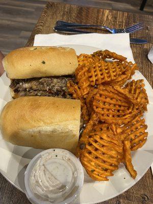 Philly Cheesesteak.  Great flavor.  Maybe a little sparse on the meat.  The sweet tater waffle fries come with marshmallow fluff dip?!?