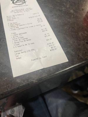 Total $108.16 for 2 ppl  Charged large party (15.00%) $16.17 Then we almost tipped 25% ontop of that 15% if we didn't check receipt first.