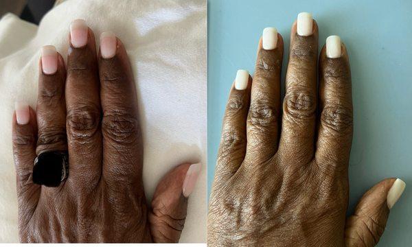 Before and after full set of dipped nails. First pic done in Mobile second pic done at PK Nails & Spa