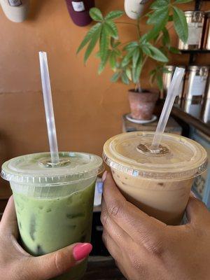 Iced Matcha Latte with Almond Milk & Lavender Pecan Brown Sugar Iced Latte