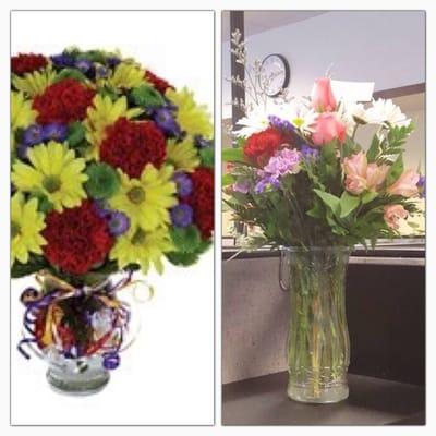 I ordered the left received the flowers on the right! I did not expect them to look like the picture but really?at least the vase!