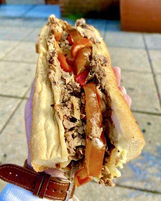 Small cheesesteak with grilled onions, mushrooms, sweet peppers