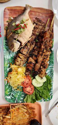 Pampano fish, chicken & Mixed Platter with Pork BBQ, Atchara and Okoy Okoy