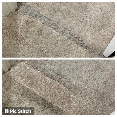 Carpet repair in a doorway from pet clawing