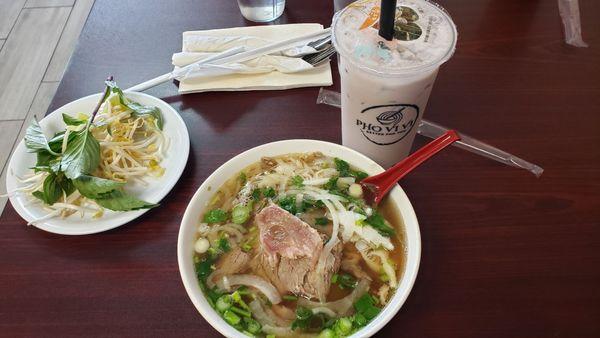 Small beef pho (brisket, tendon, tripe) and Taro milk tea