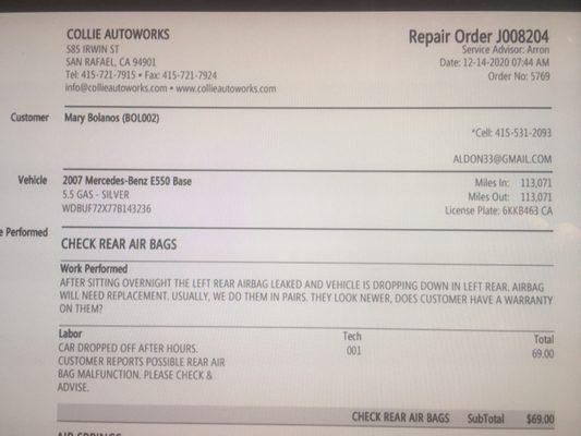 Here's the repair order from Collie