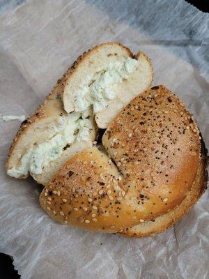 Everything bagel toasted with jalapeño cream cheese.