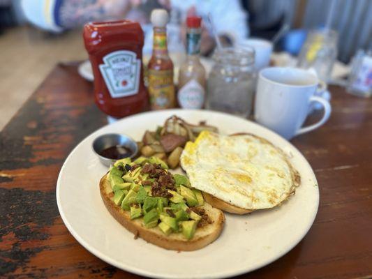 Avocado Toast, Macha Sauce, Breakfast Potatoes, and Eggs. So good!!!