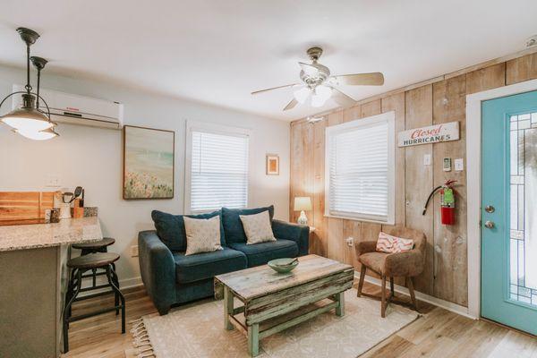 Spacious living room in Bellande Cottage with fold out sofa bed.