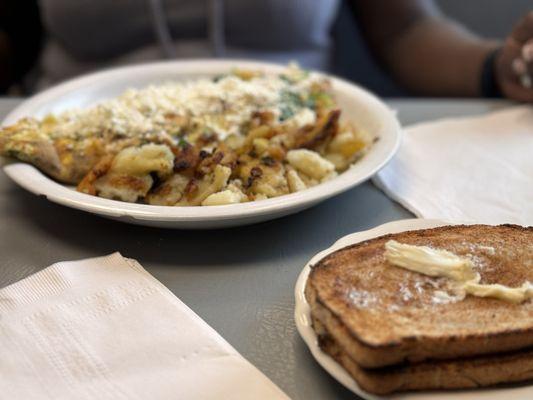 Chicken omelette with home fries