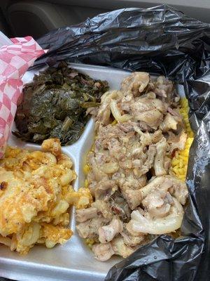 Mac and cheese, pig feet, collards, and yellow rice