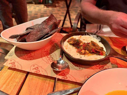 Queso Fundido (oaxaca cheese, pepperjack, cotija cheese, apple jalapeno jam, blue corn tortilla chips)