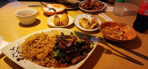 Beef and Broccoli with Prok Fried Rice, Egg Rolls, Pork Fried Dumplings