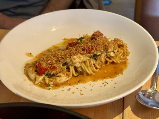 spaghetti, blue crab, tomato broth, brown butter crumb