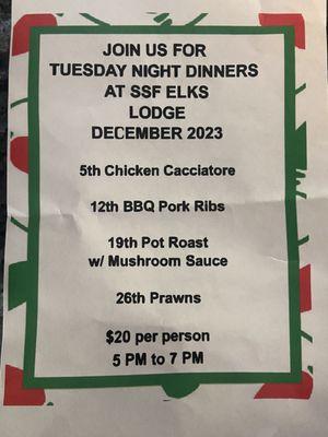 Tuesday meal flyer For December 2023.