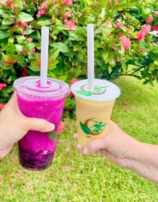 Dragonfruit boba and mango smoothie