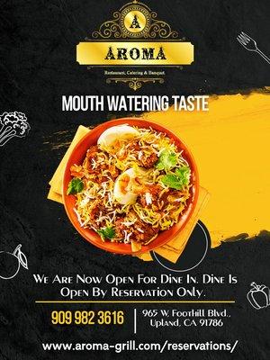 Dine In By Reservations only. Click Here To Reserve Your Seat Today: www.aroma-grill.com/reservations Or Call Us : 909 982 3616