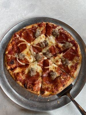 Pepperoni, sausage, and onions