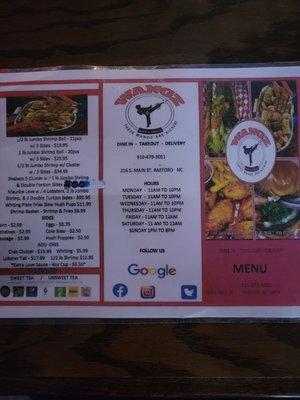 Reverse side of Menu