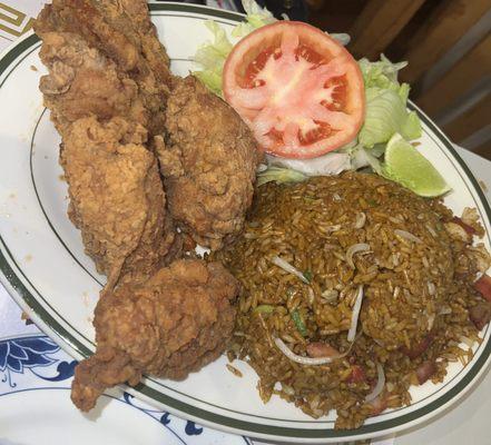 Chicharron de pollo sin jueso and pork fried rice with vegetables