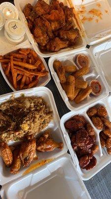 Hot Lemon Pepper wings, Mango Habanero wings, BBQ wings, Beef fried rice, sweet potato fries, cheese sticks.