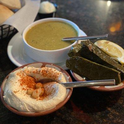 Tapas Hummus & Vegetarian Grape Leaves Crushed Lentil Soup