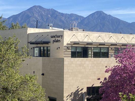 View of the studio from the parking structure in the Claremont Village. We are located on the second floor in the building next to Casa 425.