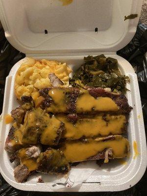 Rib Dinner with 2 Sides . Collard greens and Mac and Cheese