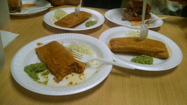 Tamales and chicarron sandwich