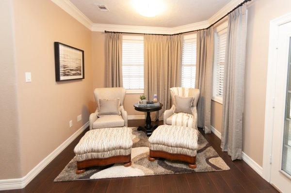 Reading nook in master bedroom, custom drapery & custom ottomans