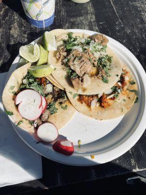 2 Carnitas, 2 Carne Asada, and 2 Chorizo Tacos  Best Mexican food I've found out here so far.