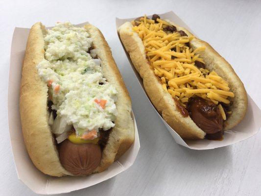 Chili, slaw and onions with mustard and a chili cheese dog.