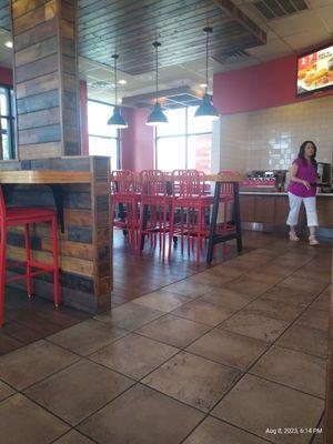 Tall Red Bar stools and bar.