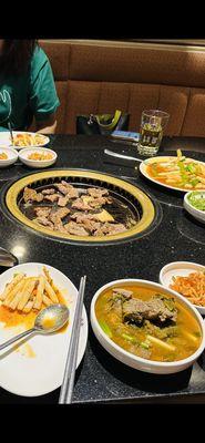 Beef and cabbage stew and toppogi (traditional and not red spicy).  They were  delicately tasteful not overkill w  red spicy paste.