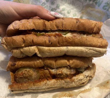 Meatball Sub on multi grain with provolone, parmesan and extra pickles for this happy pregnant lady!!