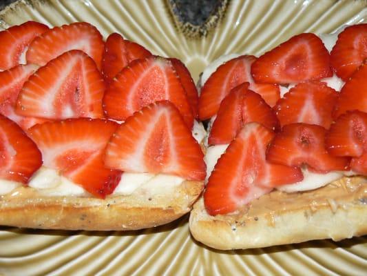 Toasted Ciabatta Roll, Buttered, then Slathered with Chunky Peanut Butter. Topped with Sliced Banana and Strawberries.