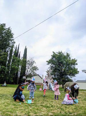 Kids wearing their bunny ears they made earlier that day.