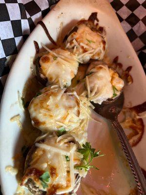 Cream cheese stuffed mushrooms with cream cheese and hot sauce.