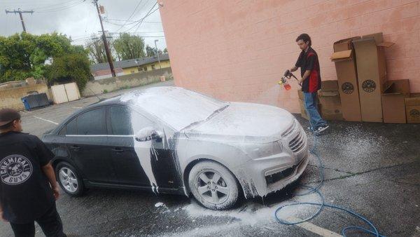 The basics class ,  students using the foam blaster